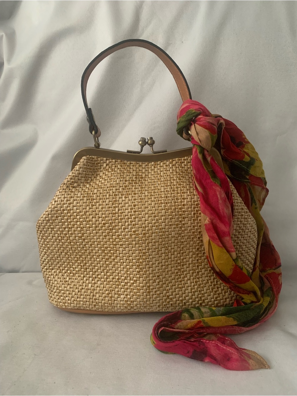 Patricia Nash Laureana Frame Satchel Straw Bag Rattan Style Clutch Pockets Scarf